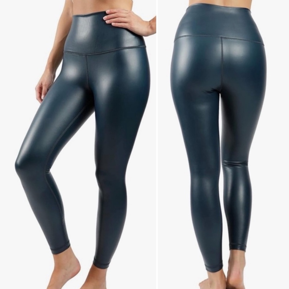 90 Degree By Reflex High Waist Shine Faux Leather Fleece Lined Leggings Medium